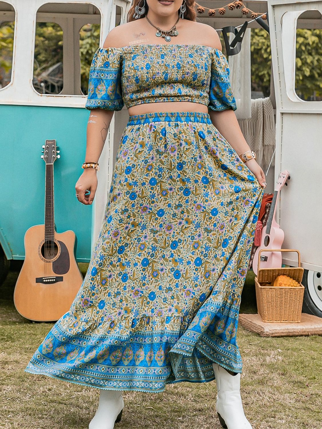 Plus Size Sky Blue Smocked Off Shoulder Top and Skirt Set