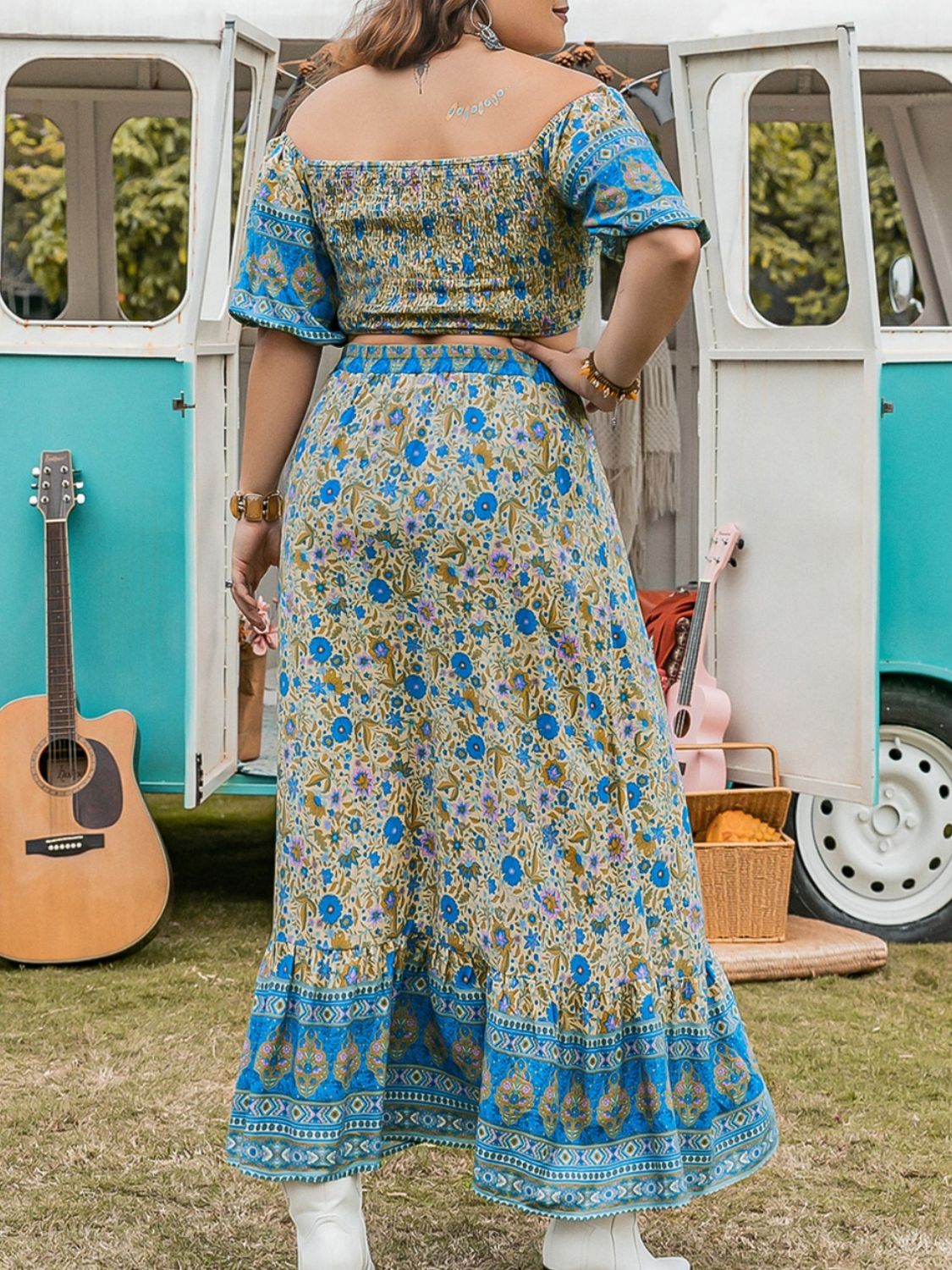 Plus Size Sky Blue Smocked Off Shoulder Top and Skirt Set