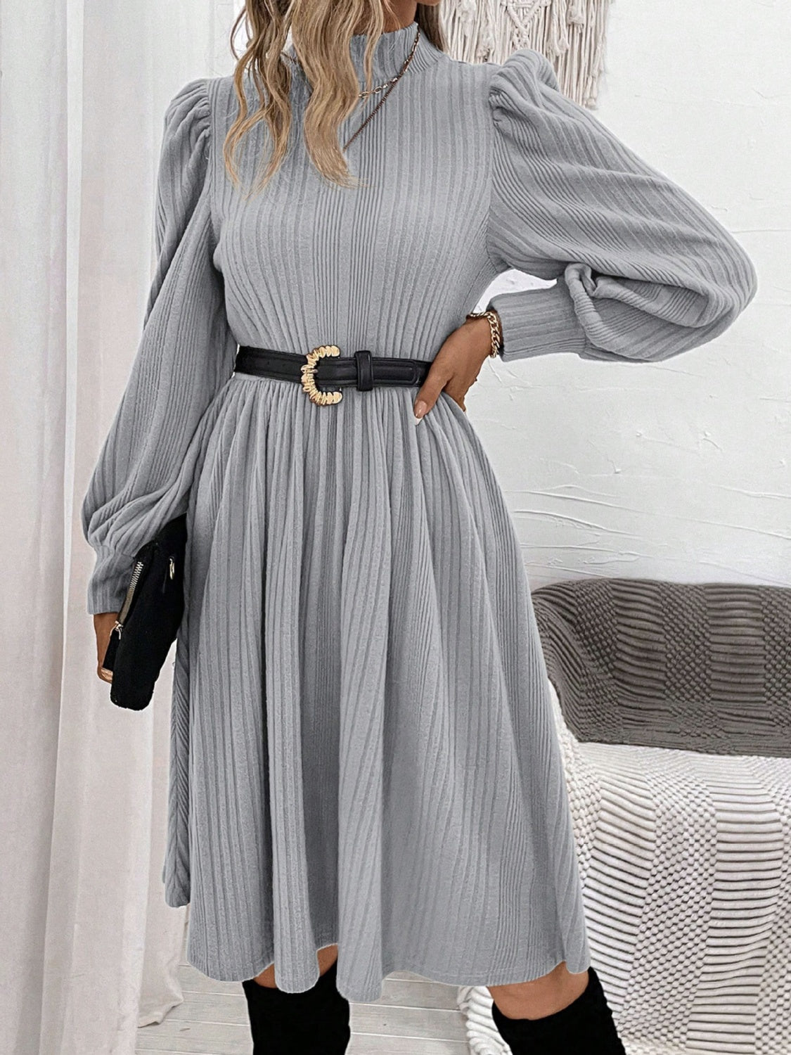 Textured Turtleneck Long Sleeve Dress