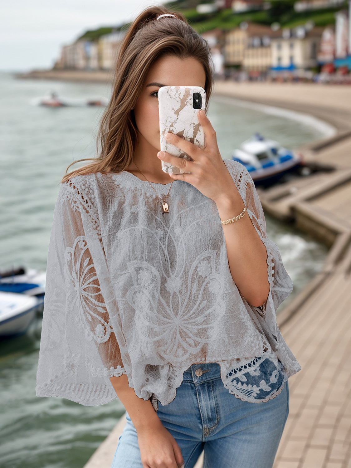 Round Neck Three-Quarter Sleeve Blouse