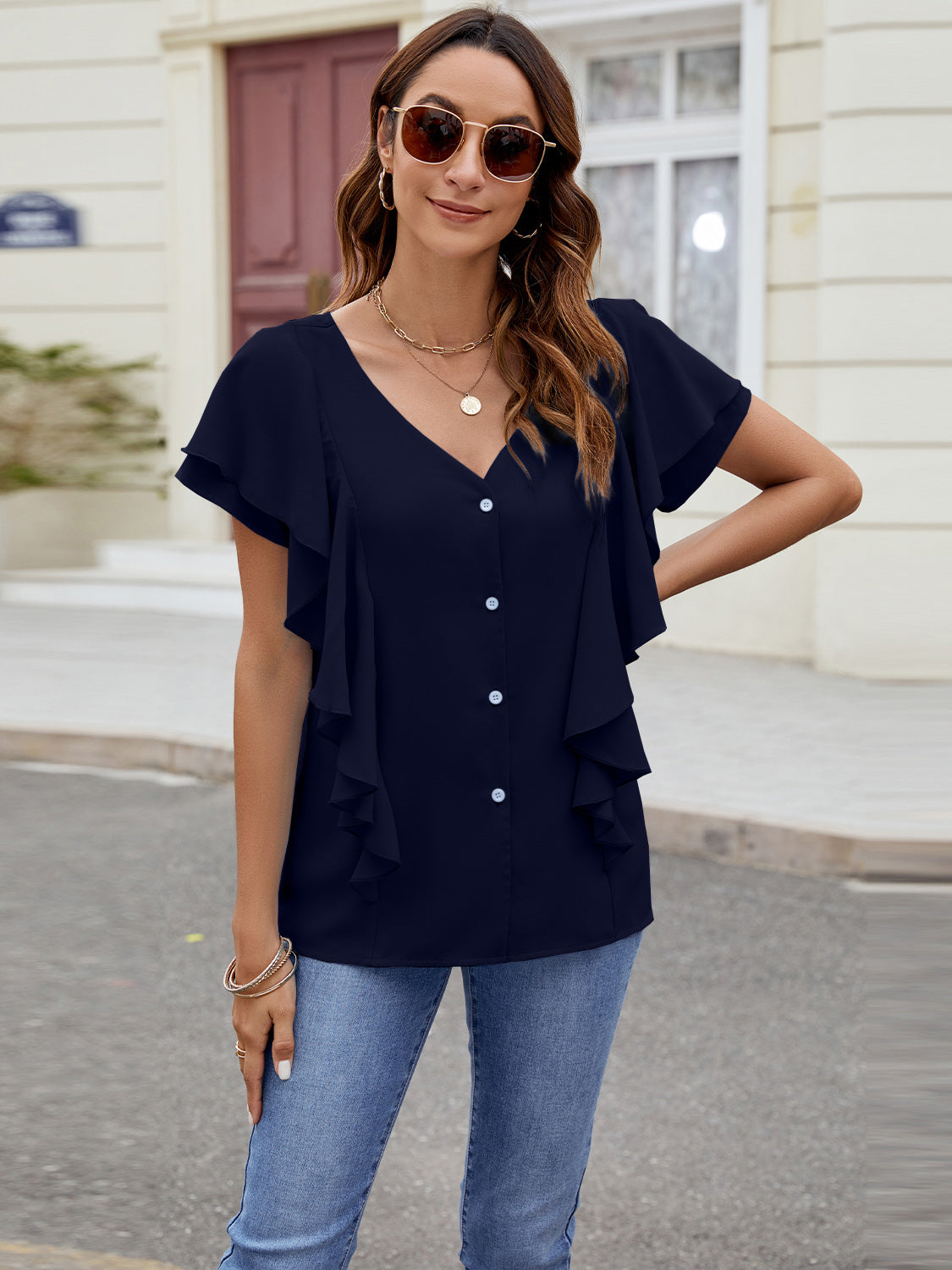 Full Size Ruffled V-Neck Short Sleeve Top