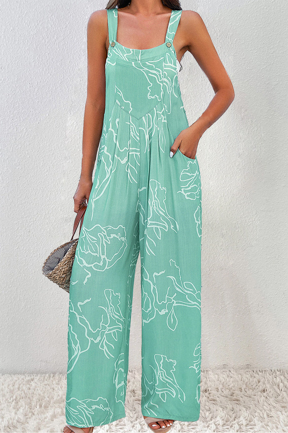 Beautiful Bea Printed Wide Strap Turquoise Jumpsuit