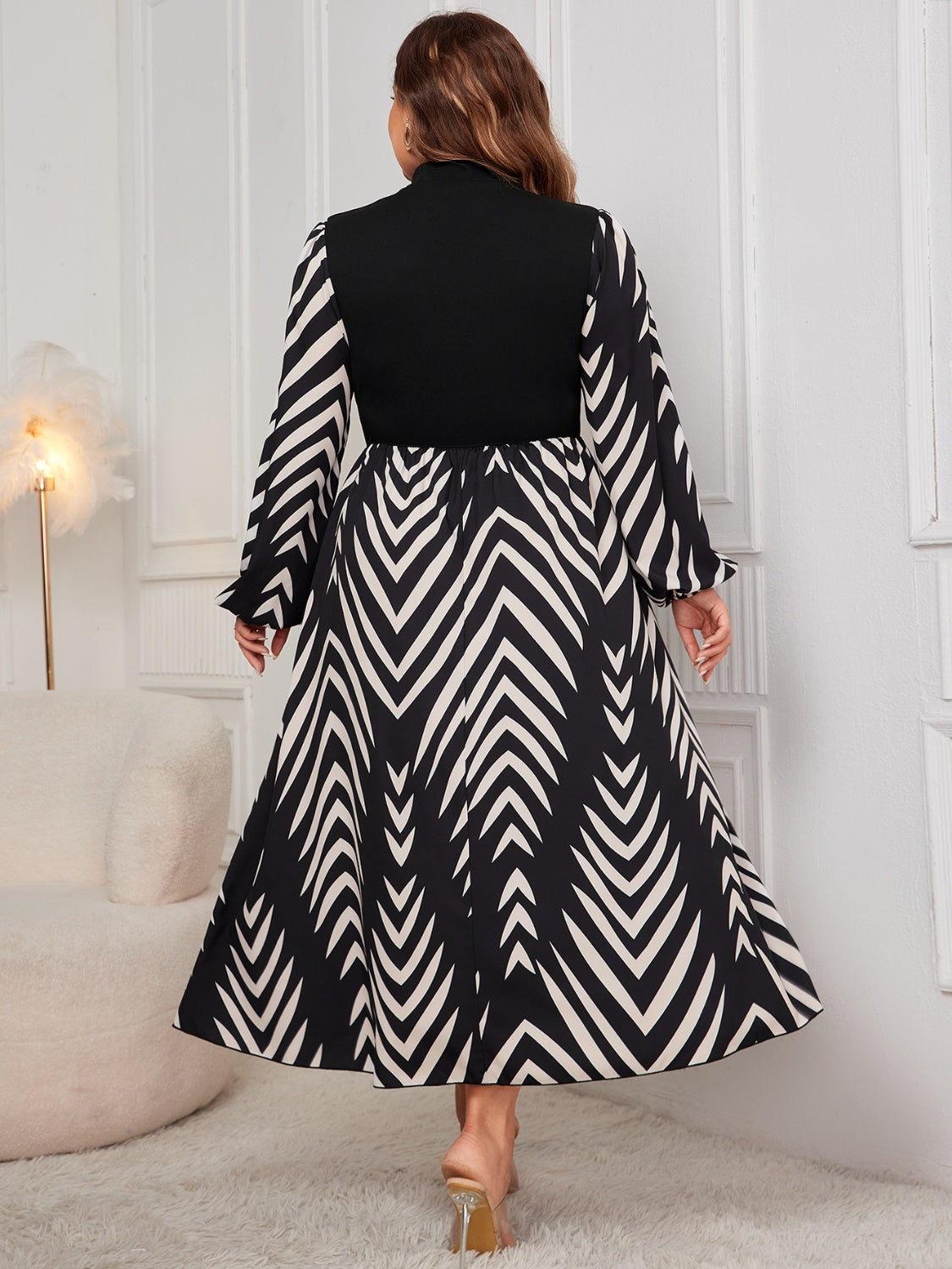 Plus Size Printed Mock Neck Long Sleeve Black Midi Dress