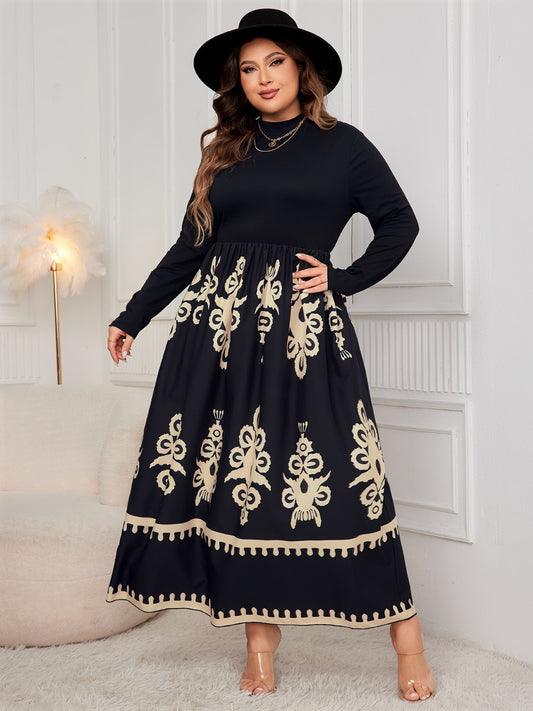 Plus Size Printed Mock Neck Black Long Sleeve Dress