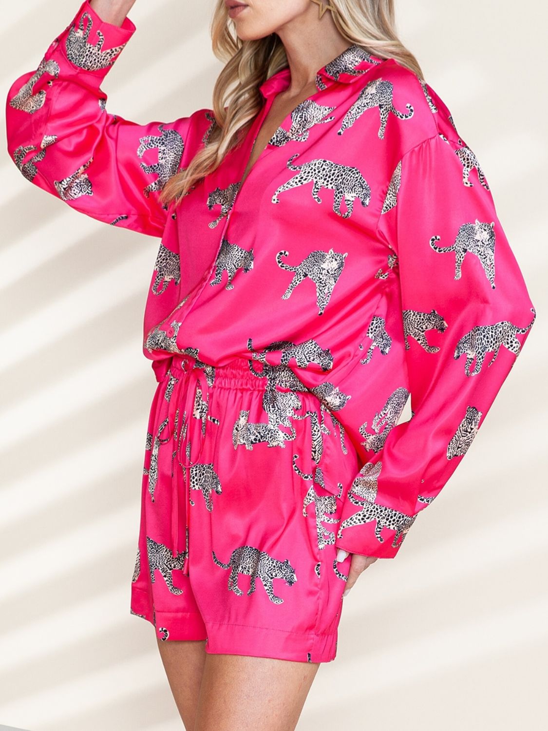 Hot Pink Animal Button Up Shirt and Shorts Set