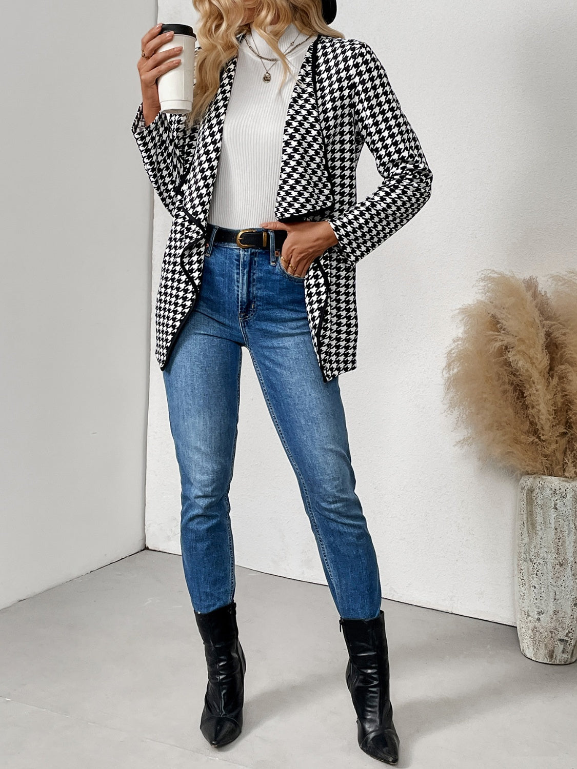 Houndstooth Open Front Long Sleeve Jacket