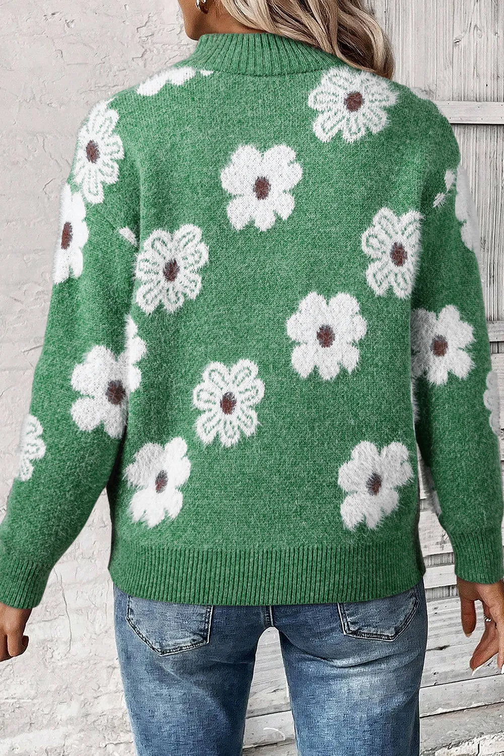 Full Size Flower Half Zip Long Sleeve Sweater