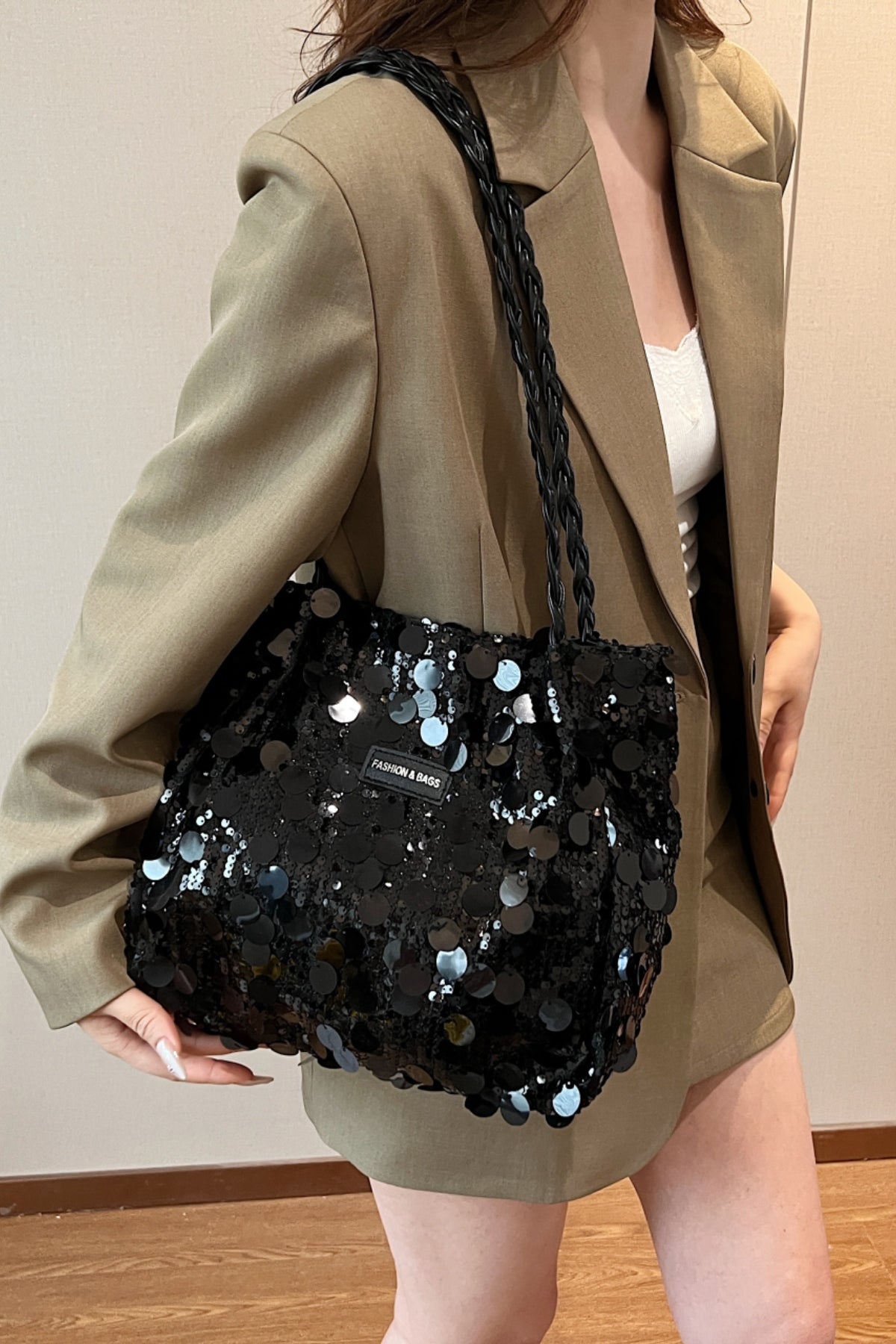 Sequin Braided Strap Shoulder Bag