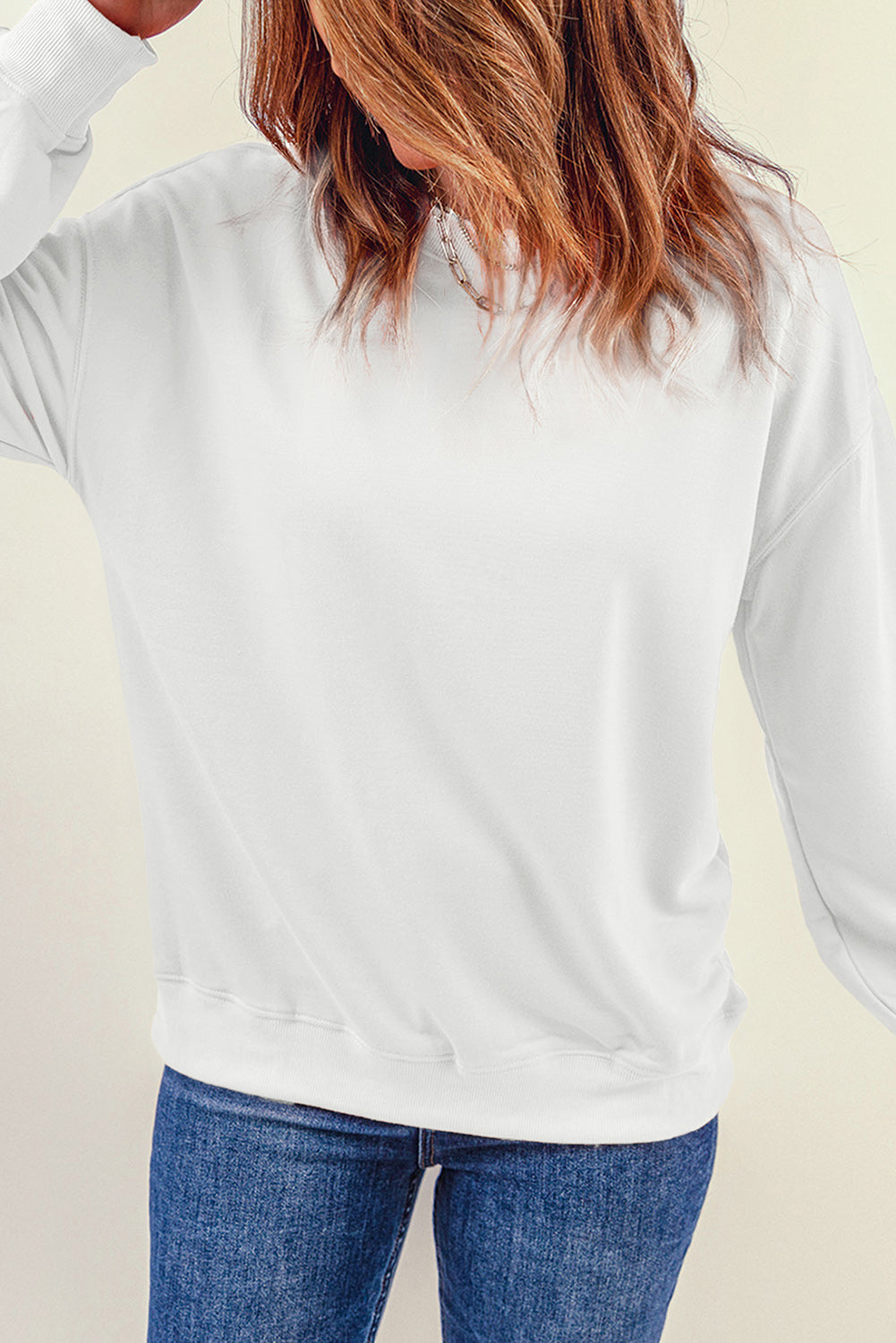 White Round Neck Dropped Shoulder Sweatshirt