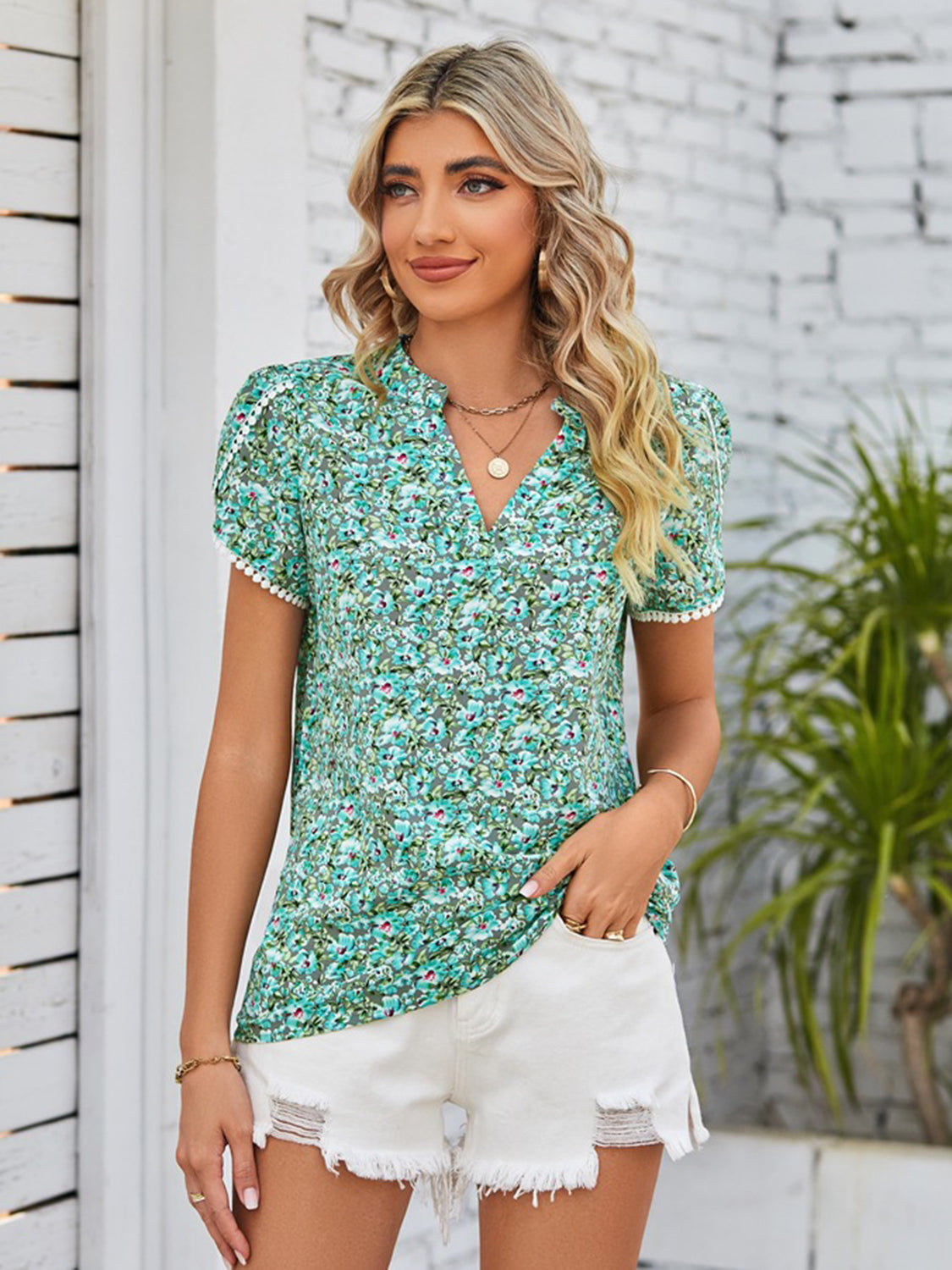 Double Take Full Size Floral Notched Neck Blouse