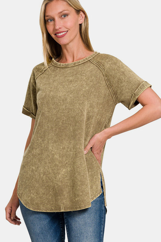 Zenana Heathered Round Neck Short Sleeve Top