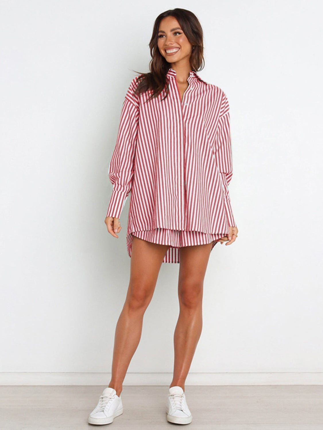 Full Size Striped Dropped Shoulder Shirt and Shorts Set