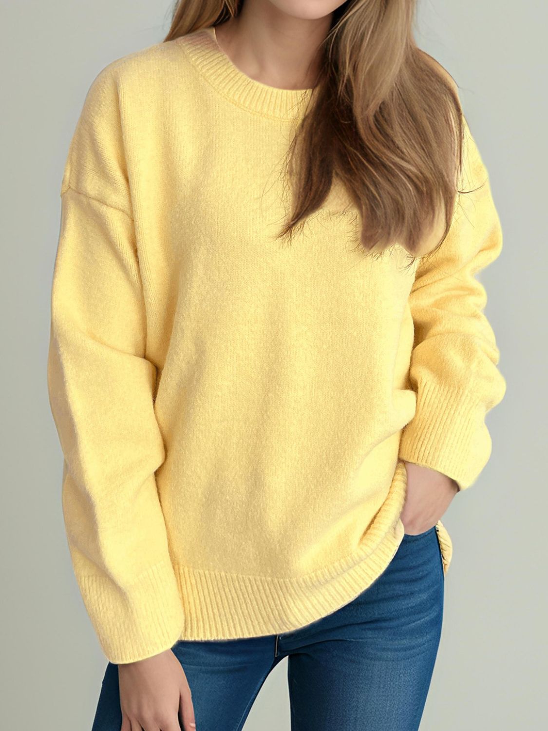 Round Neck Dropped Shoulder Long Sleeve Sweater