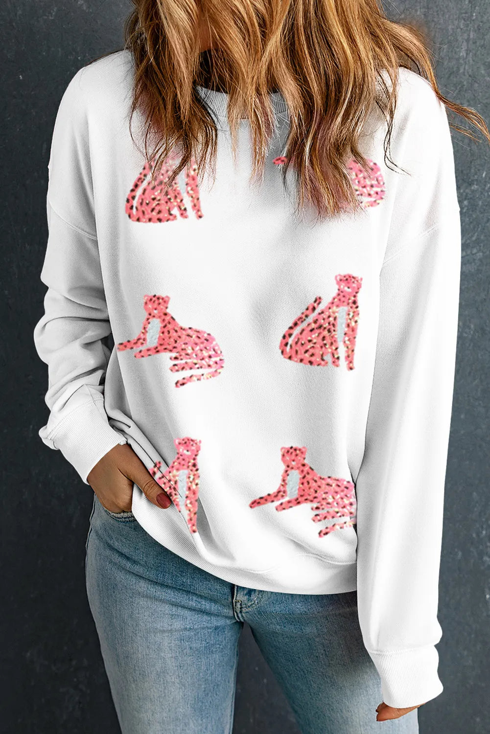 Full Size Leopard Round Neck White Long Sleeve Sweatshirt