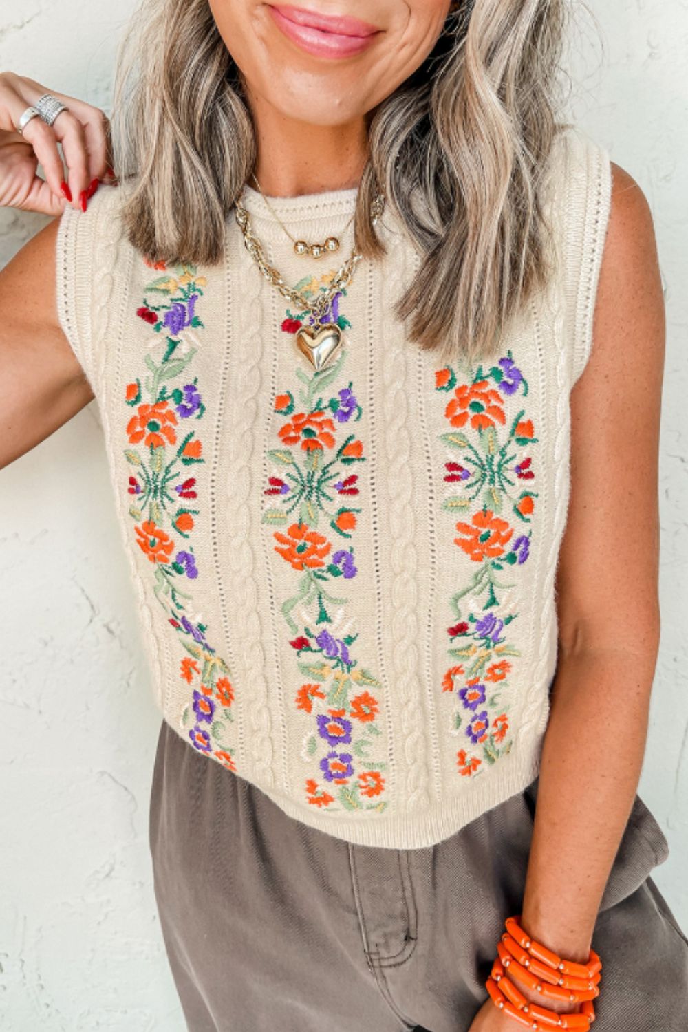 Embroidered Cable-Knit Round Neck Sweater Vest