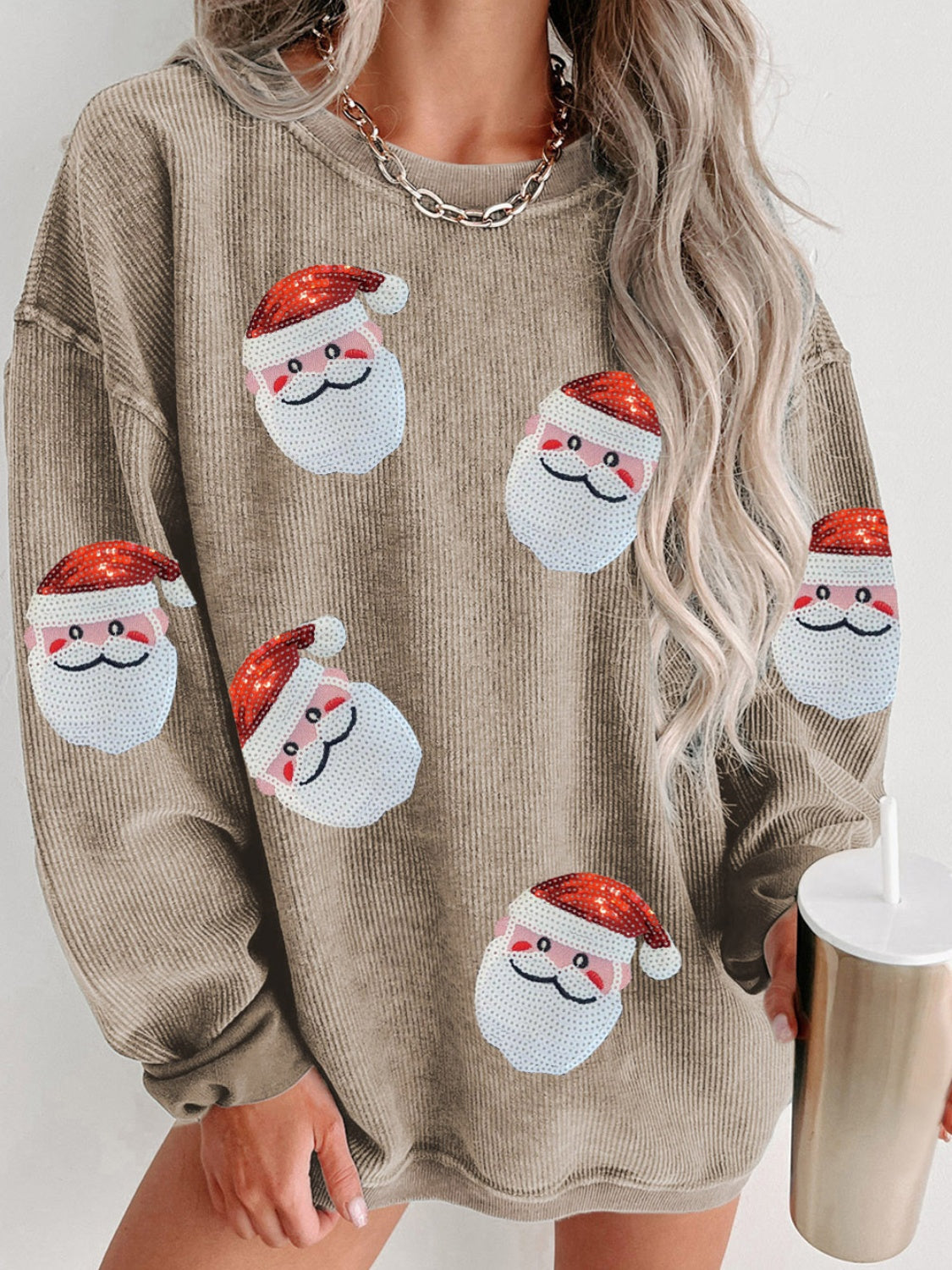 CHRISTMAS Sequin Santa Patch Ribbed Sweatshirt