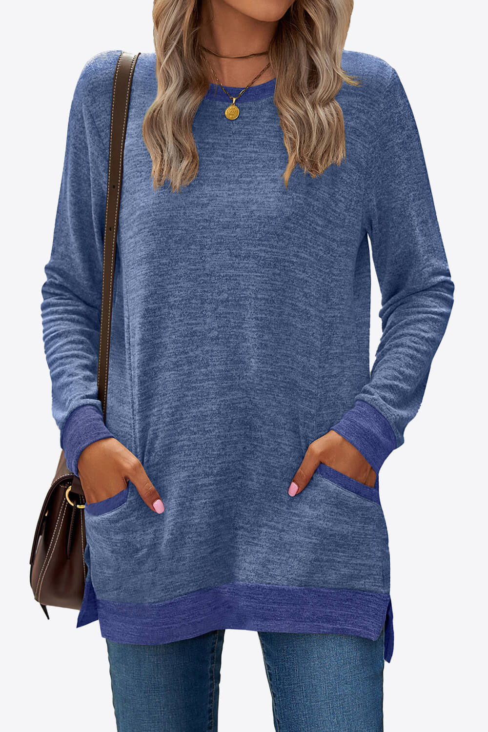 Heathered Slit Top with Pockets