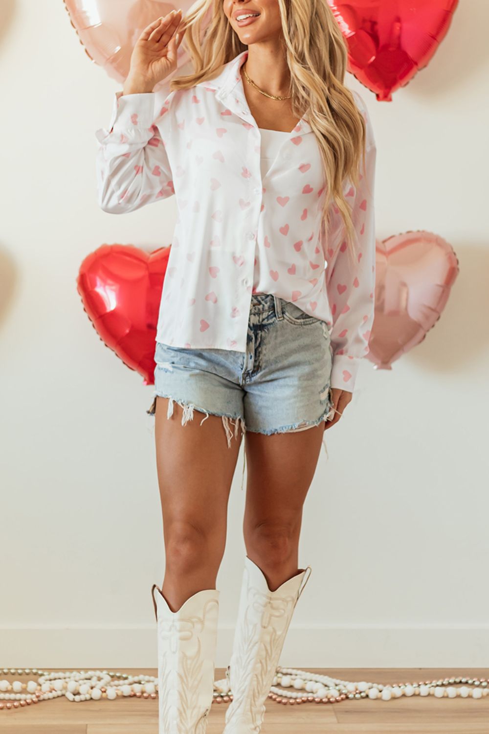 Heart Print Collared Neck Long Sleeve Shirt