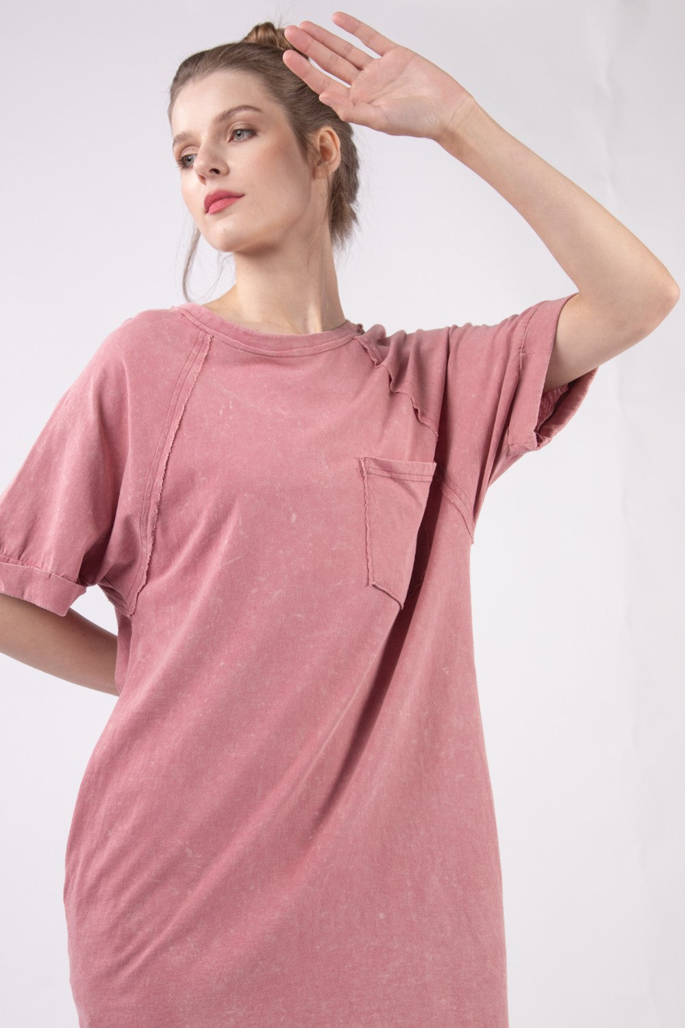 VERY J Washed Mauve Round Neck Mini Tee Dress