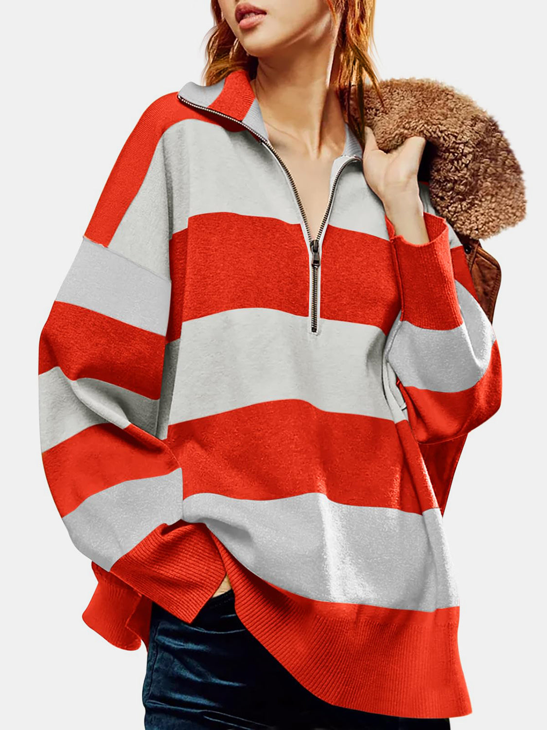 Color Block Half Zip Long Sleeve Sweater