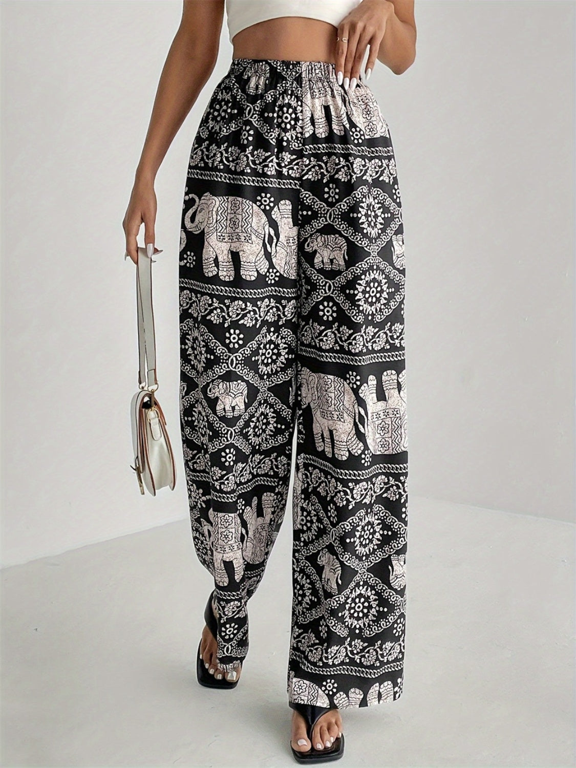 Printed Wide Leg Elastic Waist Pants