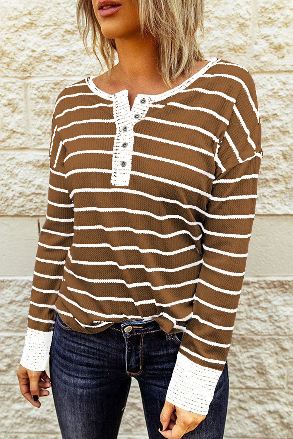 Striped Waffle Knit Henley Long Sleeve Top