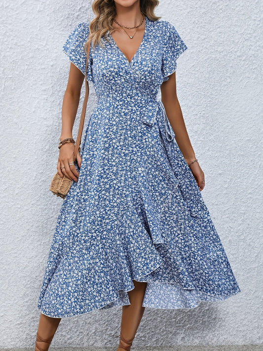 Full Size Printed Surplice Flutter Sleeve Midi Dress