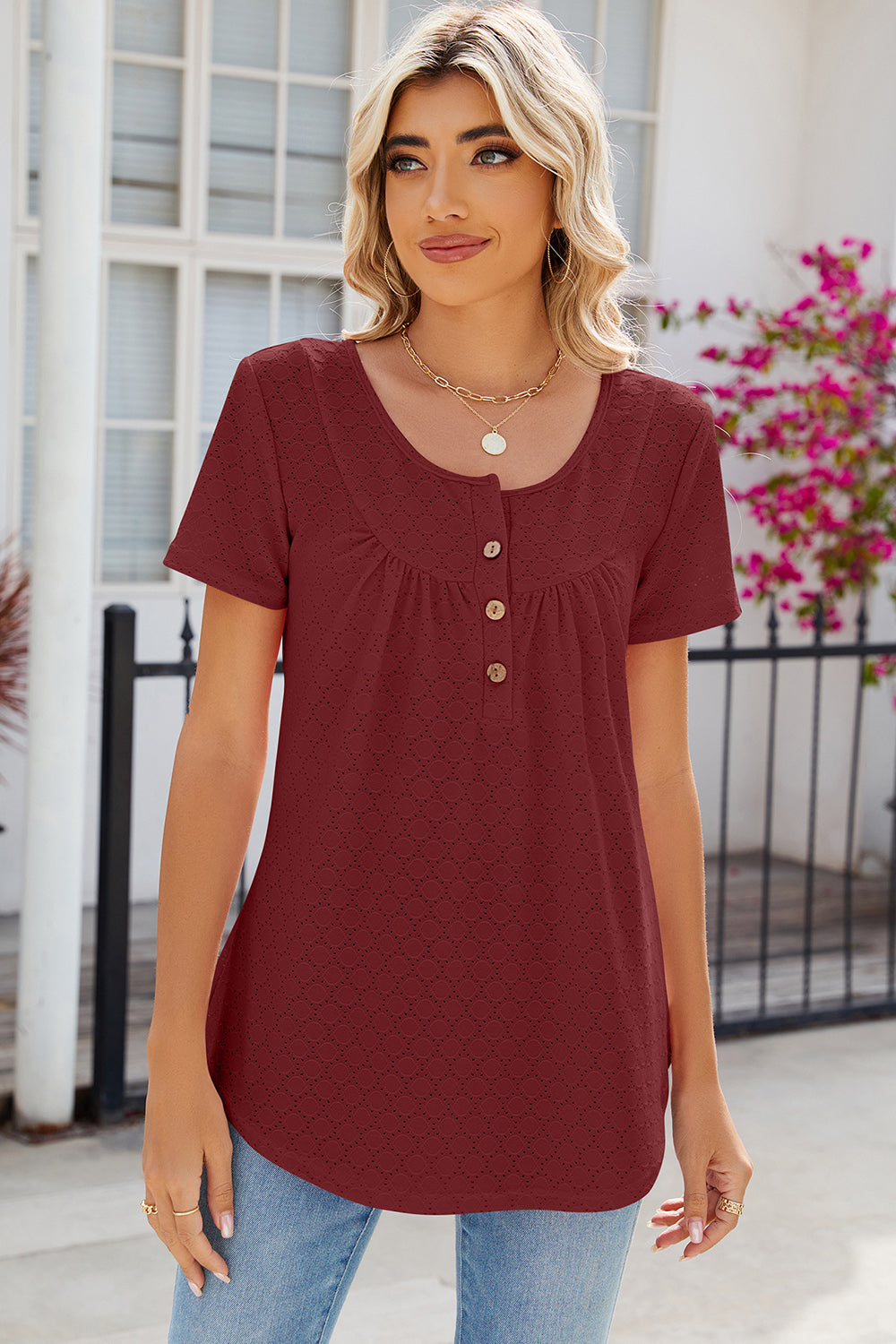 Eyelet Quarter Button Short Sleeve T-Shirt