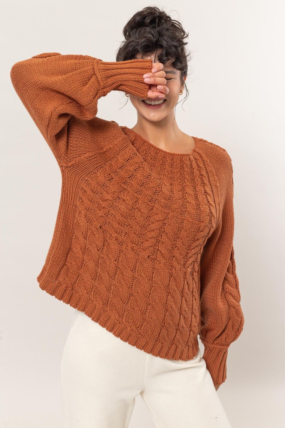 HYFVE Cable-Knit Round Neck Raglan Sleeve Sweater