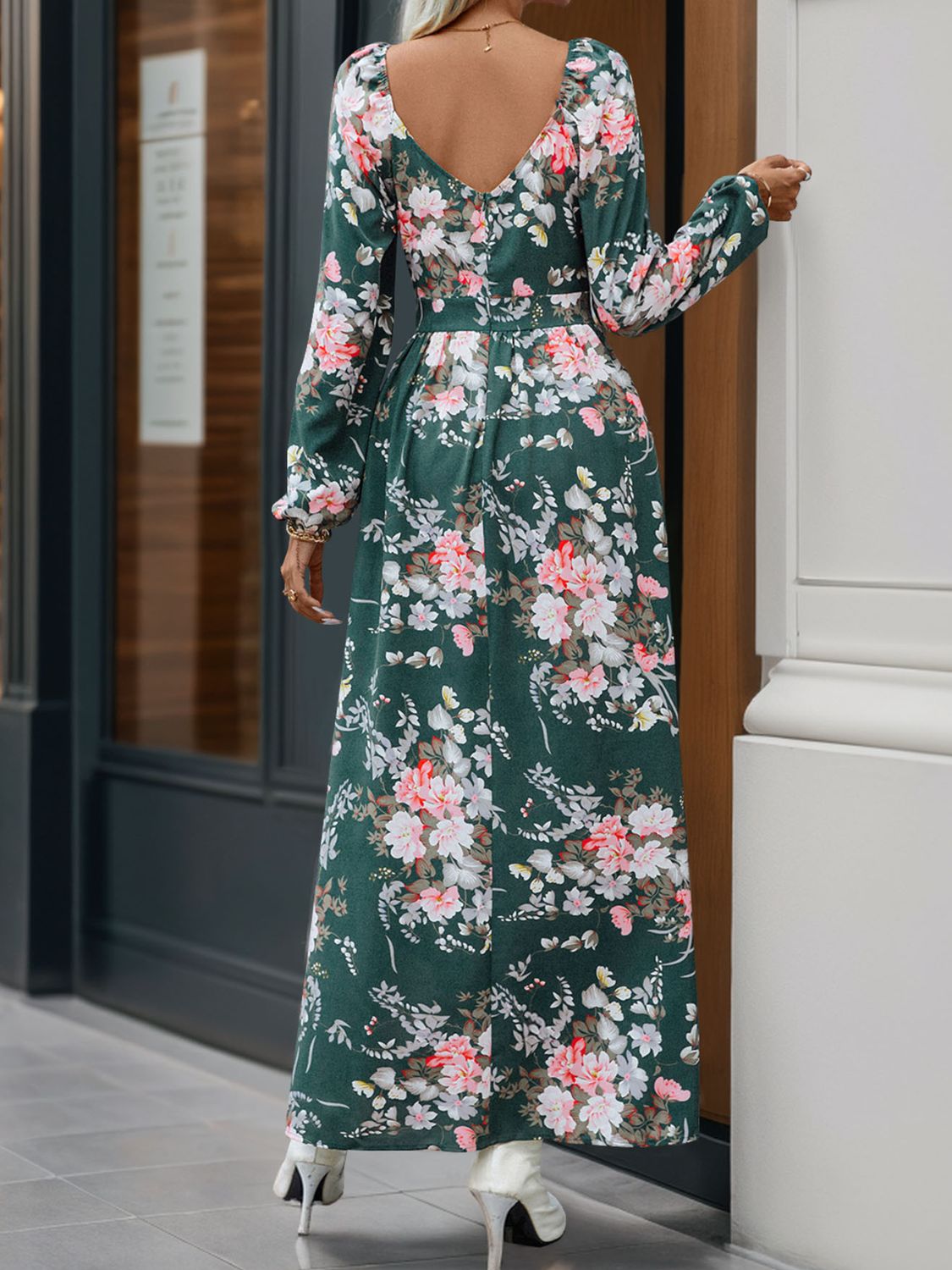 Slit Printed Surplice Long Sleeve Maxi Dress