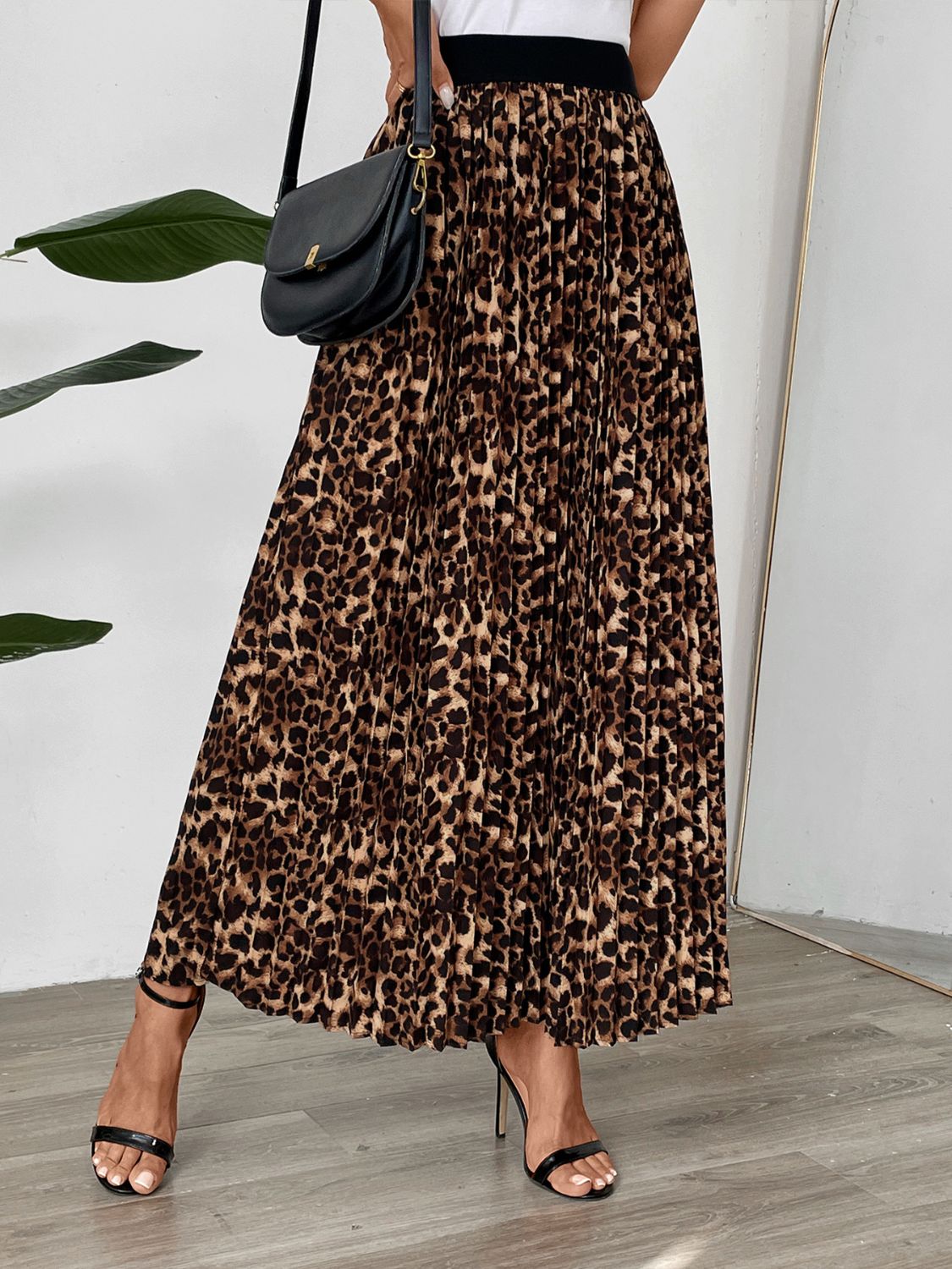 Perfee Pleated Leopard Maxi Skirt