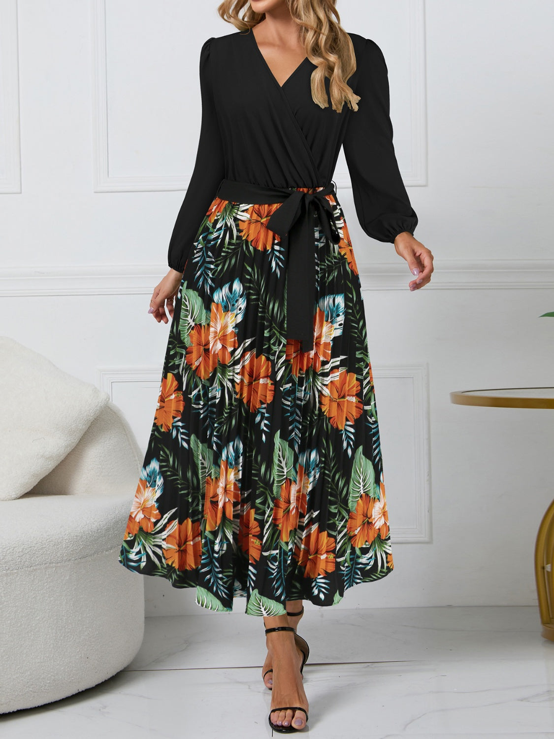 Pleated Printed Surplice Long Sleeve Dress