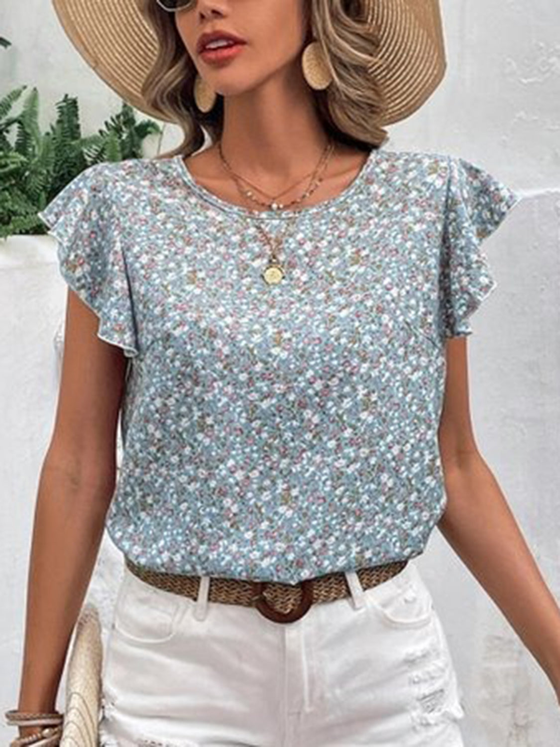 Full Size Ditsy Floral Round Neck Cap Sleeve Top