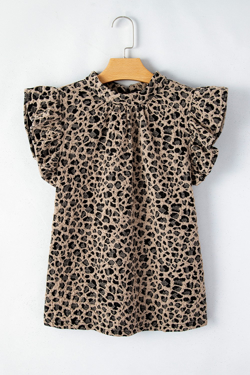 Full Size Ruffled Leopard Round Neck Cap Sleeve Blouse