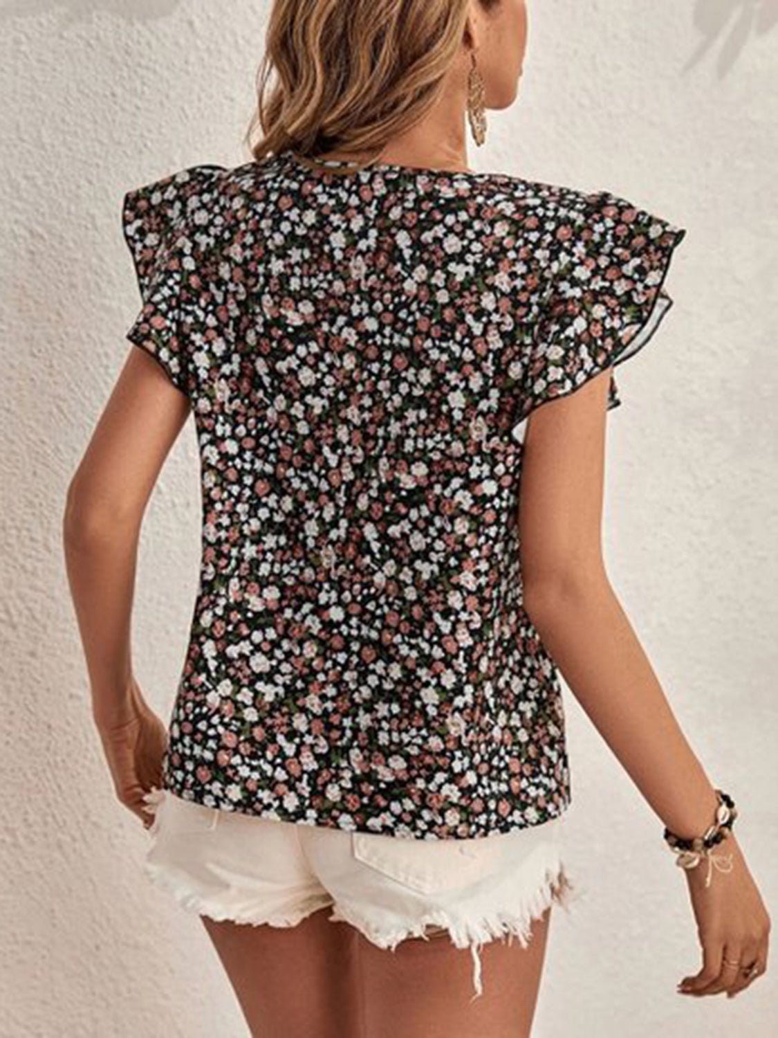 Full Size Ditsy Floral Round Neck Cap Sleeve Top