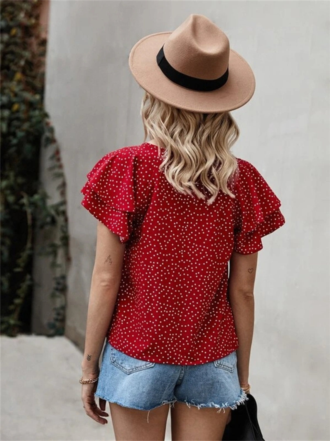 Ruffled Polka Dot Round Neck Short Sleeve Blouse