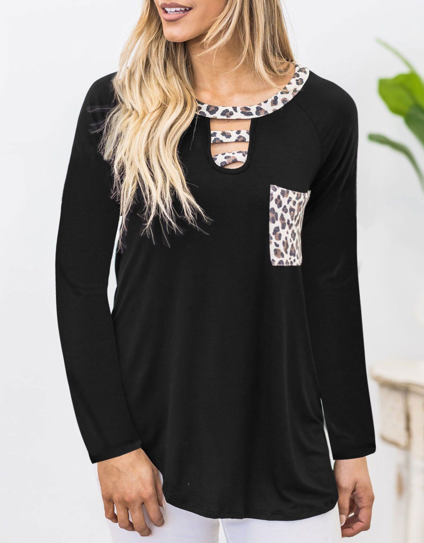 Cutout Leopard Round Neck Long Sleeve T-Shirt