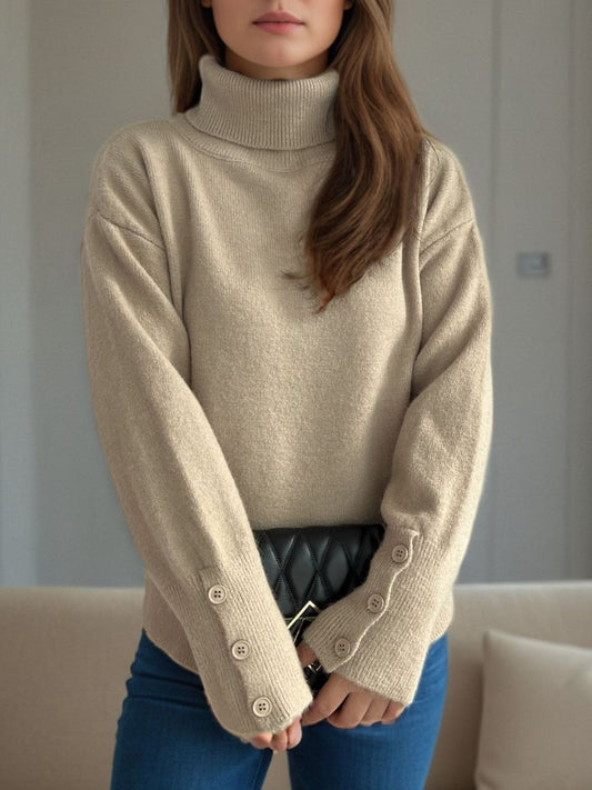 Front Slit Decorative Button Turtleneck Sweater