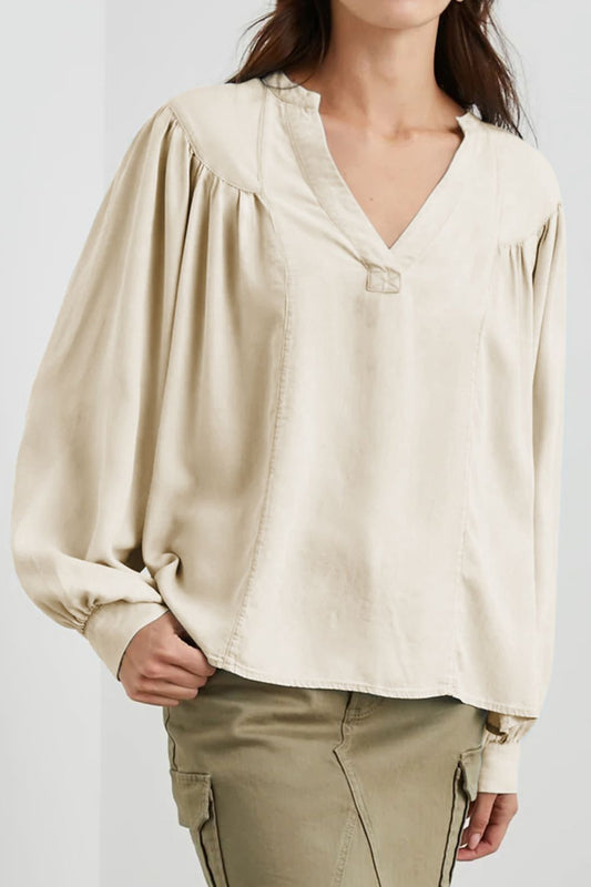 Ruched Notched Long Sleeve Blouse