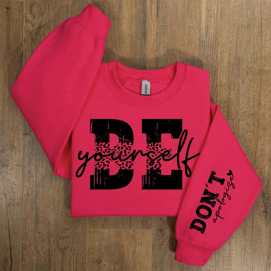 Full Size Be Yourself Leopard Print With Sleeve Accent Sweatshirt