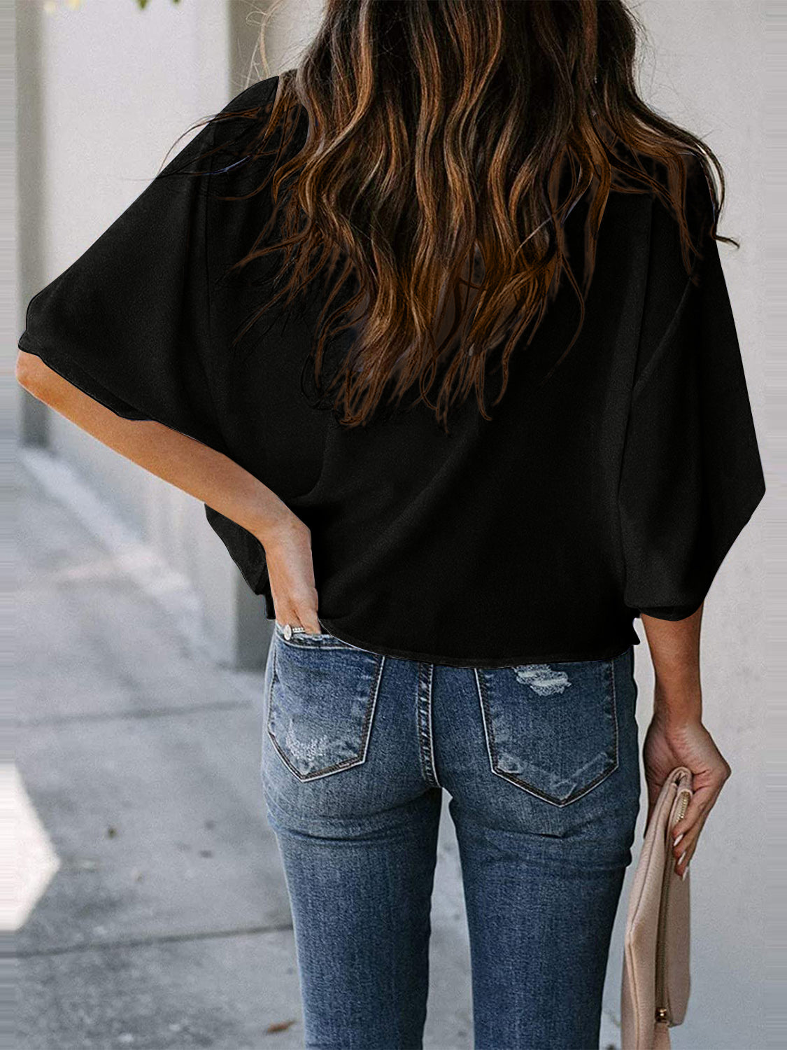 Full Size Cowl Neck Three-Quarter Sleeve Blouse