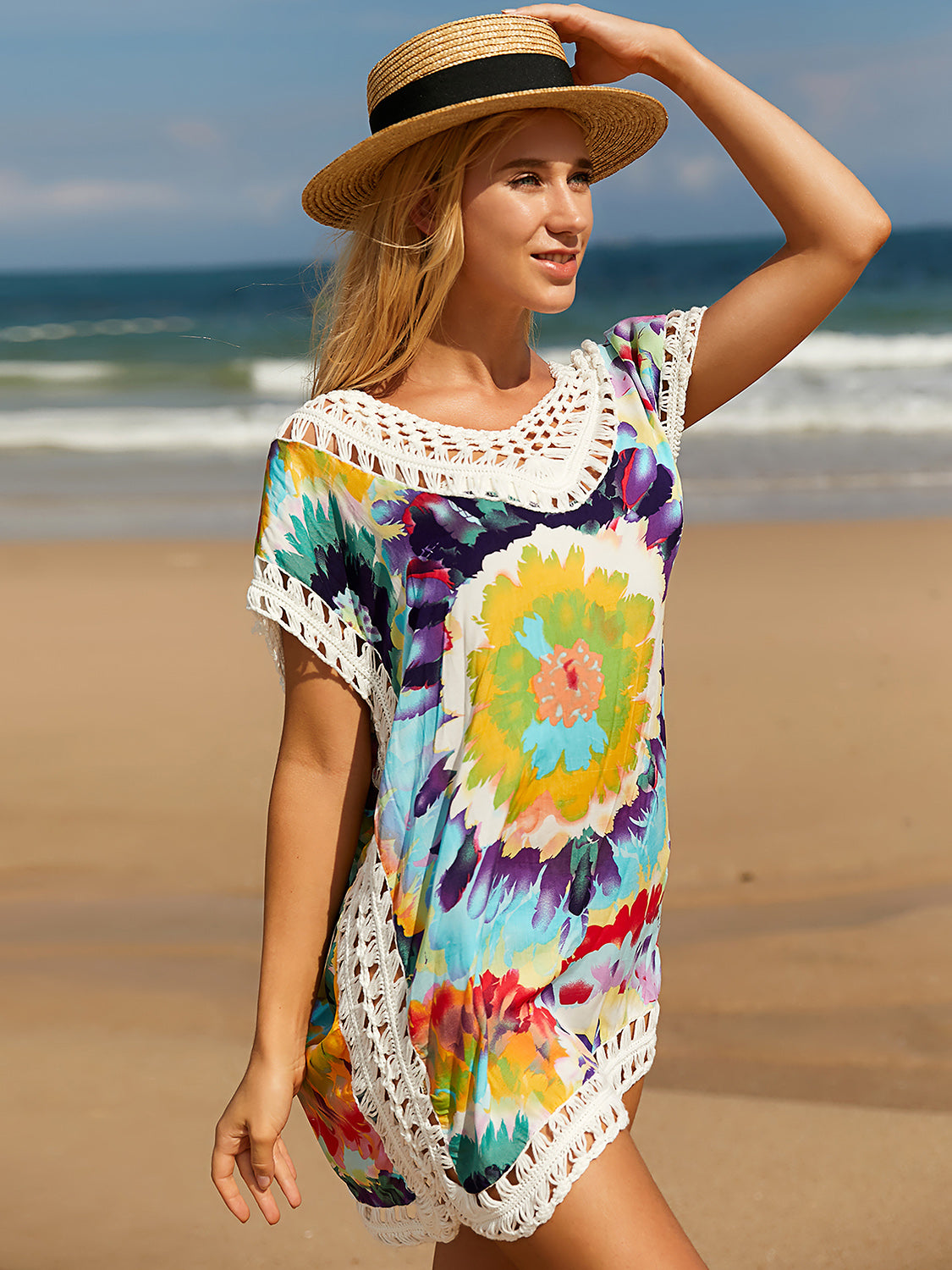 Sand n' Sun Openwork Printed Round Neck Cover Up