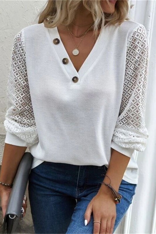 Decorative Button V-Neck Long Sleeve T-Shirt