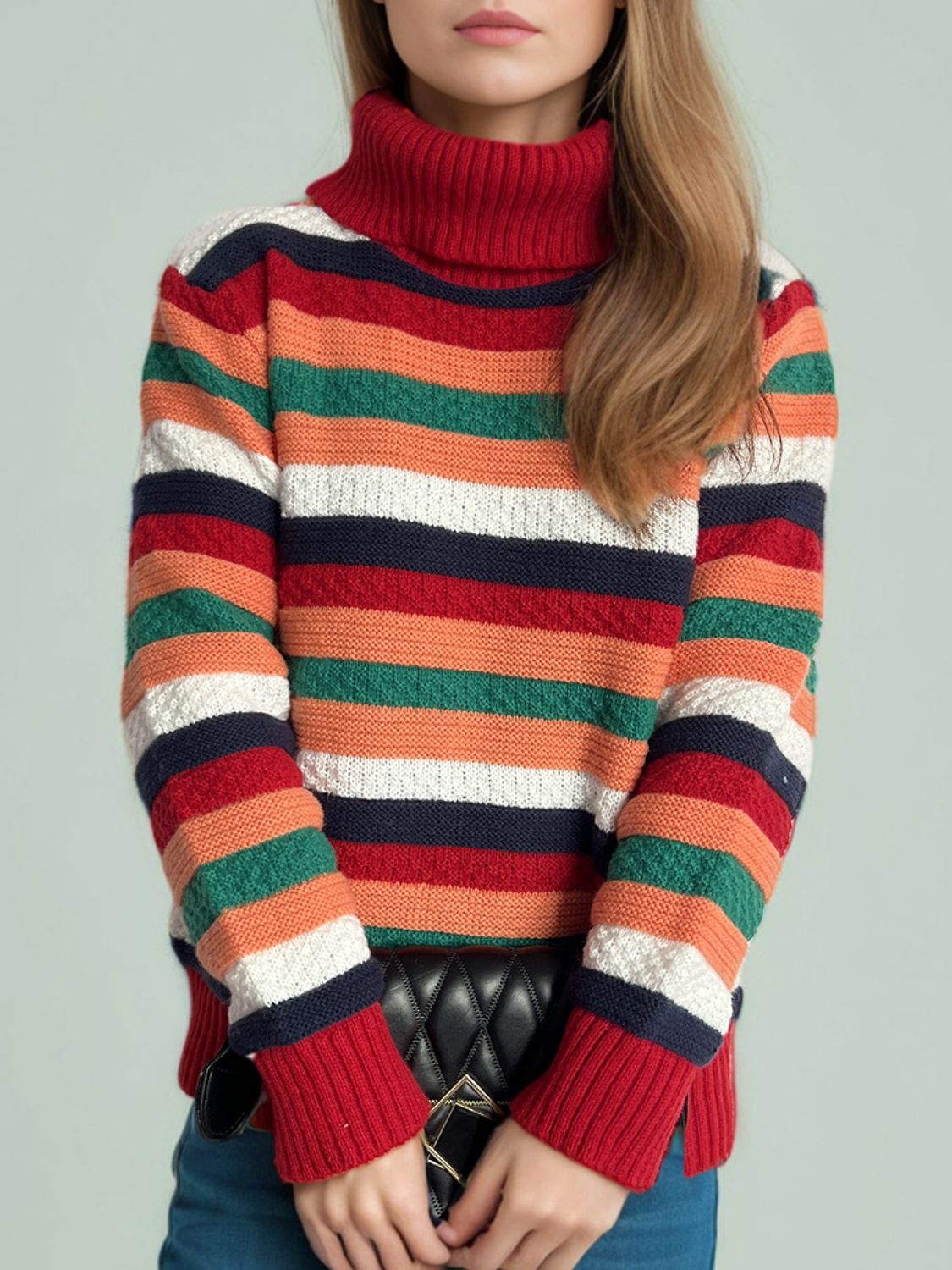 Contrast Stripes Turtleneck Long Sleeve Sweater