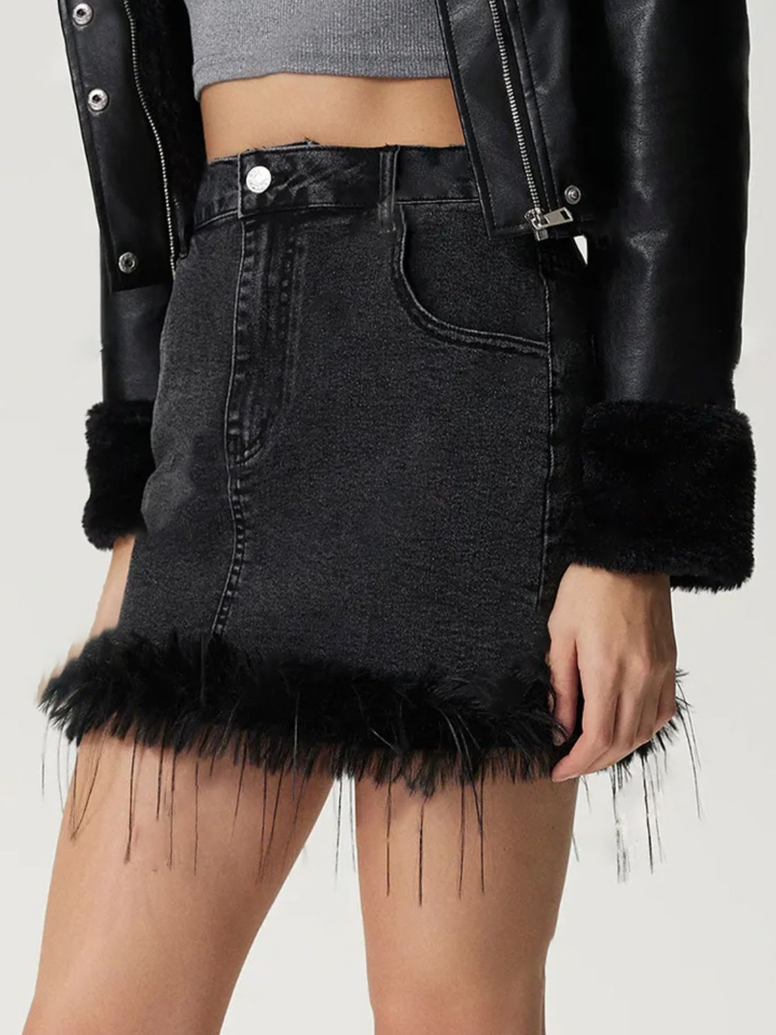 Plush Hem Mini Denim Skirt