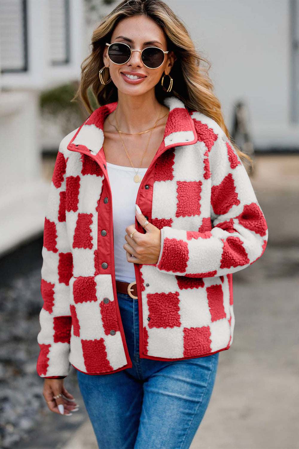 Checkered Snap Down Long Sleeve Teddy Jacket