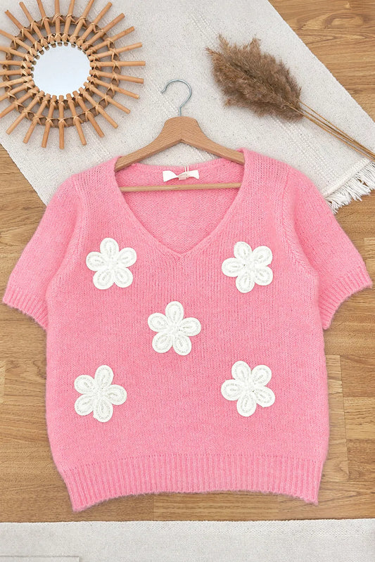 Flower V-Neck Short Sleeve Sweater