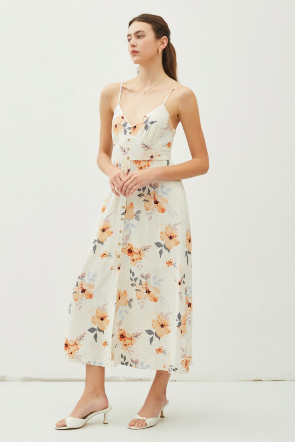 Be Cool Floral Peach Hibiscus Button Down Cami Midi Dress