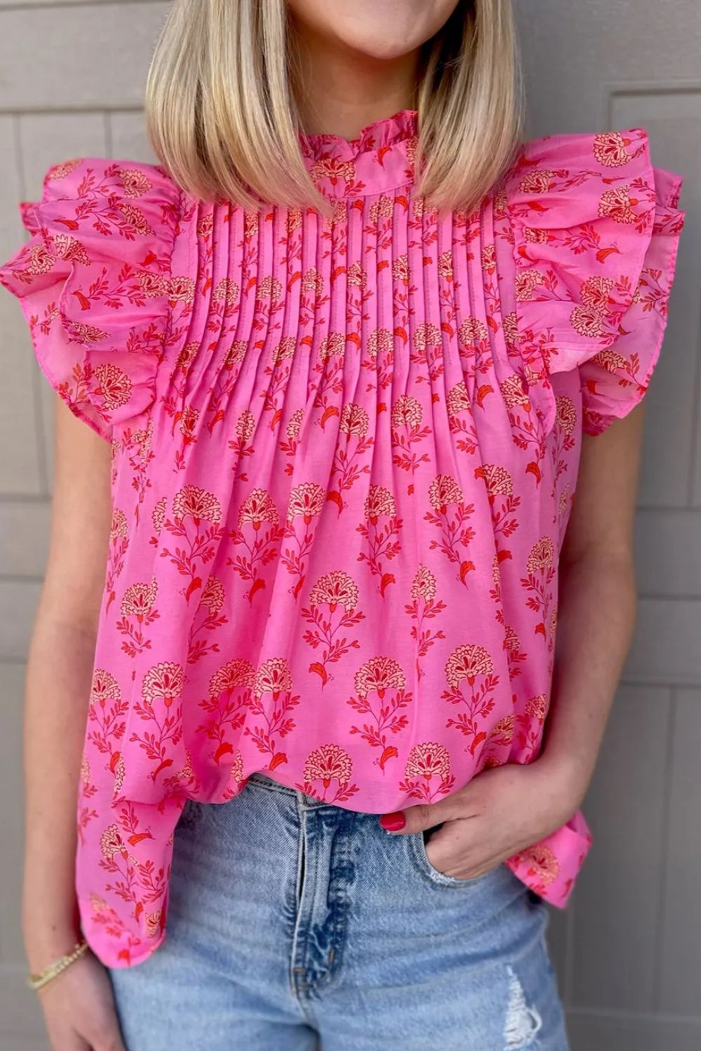 Full Size Ruffled Printed Mock Neck Cap Sleeve Blouse