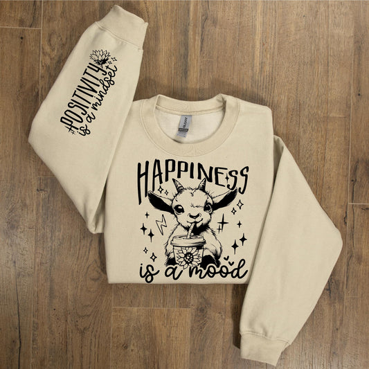 Full Size Happiness Is A Mood Goat- With  Sleeve Accent Sweatshirt